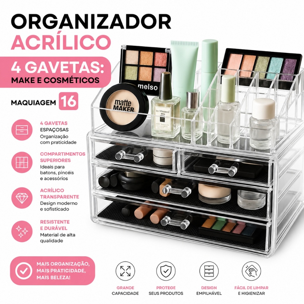 Organizador Acrílico 4 Gavetas: Make e Cosméticos, Maquiagem 16 Cavidades p/Organização Completa