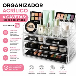 Organizador Acrílico 4 Gavetas: Make e Cosméticos, Maquiagem 16 Cavidades p/Organização C…