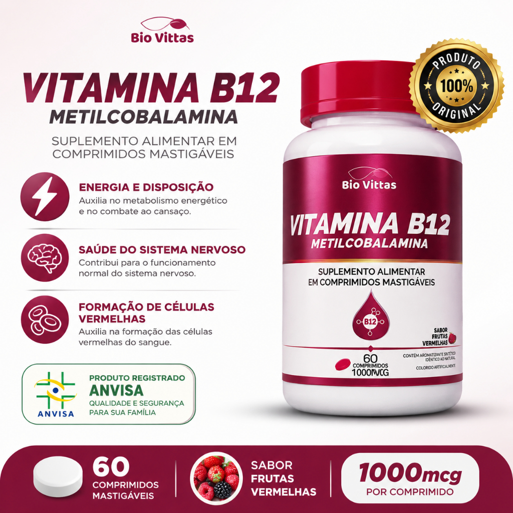 Vitamina B12 Metilcobalamina  60 Comprimidos Mastigável 1000MG Bio Vittas Sublingual Energia e Saúde