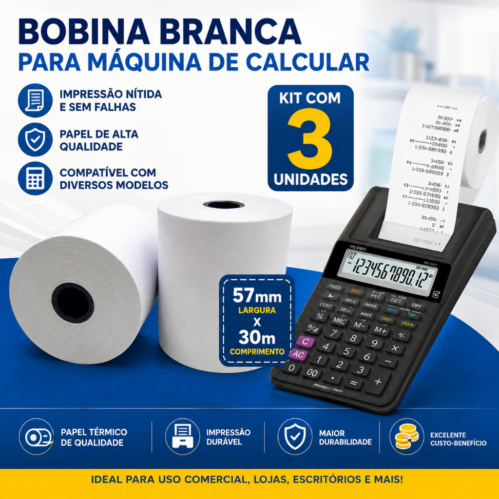 Kit Com 3 Bobina Branca 57x30 Para Maquina De Calcular/calculadora Para Mercado/loja/empresa Etc Envio Em 24 Horas