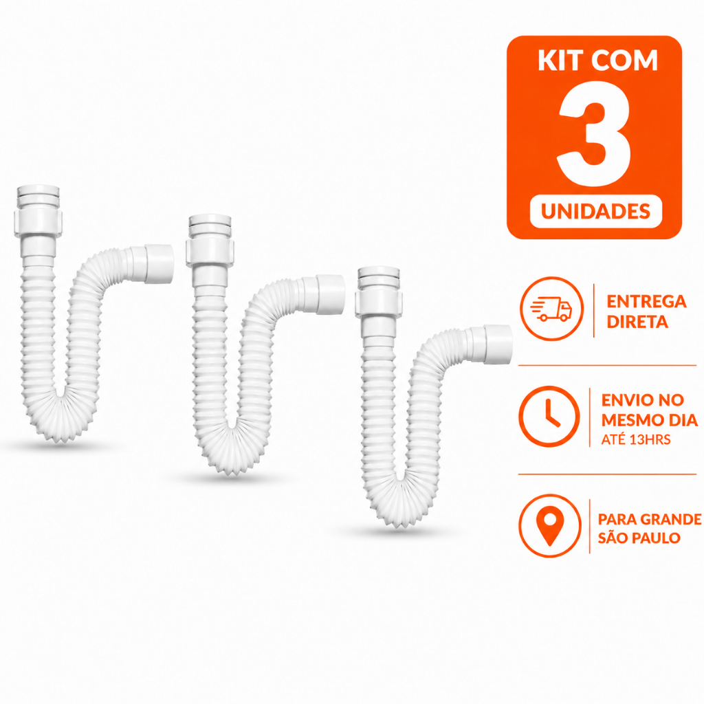 Sifão Flexível Universal Branco ABS Ajustável | Para Pia, Tanque e Lavatório | ENTREGA DIRETA | Kit 3 Unidades