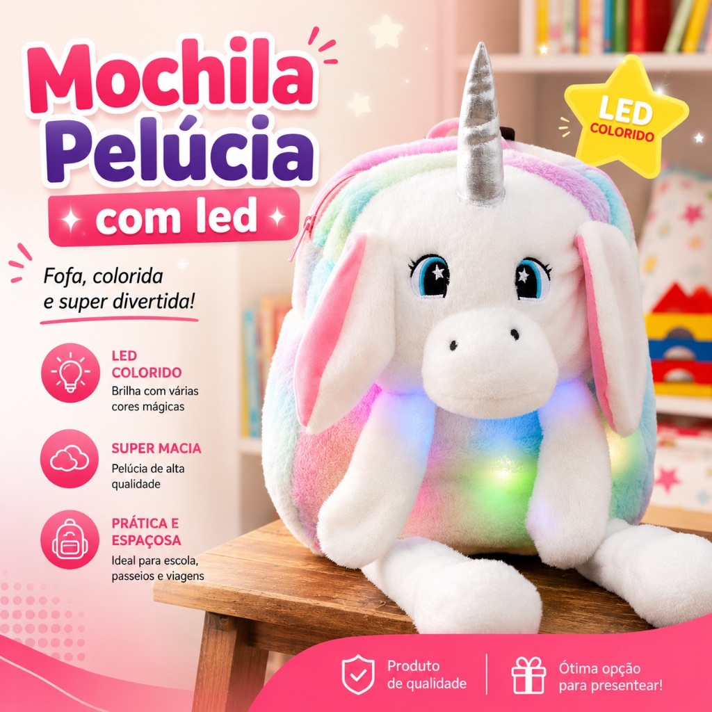 Mochila Pelúcia Fofa Com LED Unicórnio Coelho Orelha Interativa Escolar Passeio Viagem Kawaii