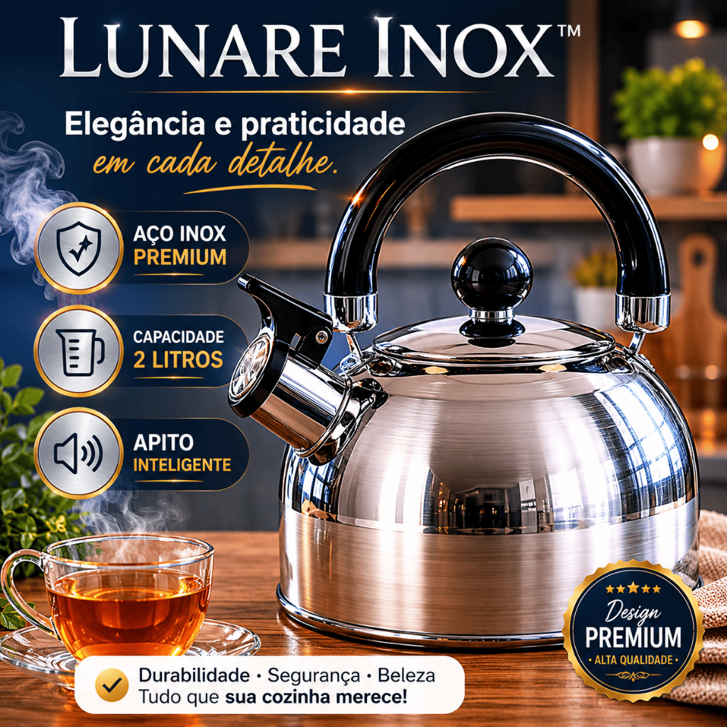 Chaleira Inox 2 Litros Com Apito Premium Lunare Inox™ Cabo Ergonômico Anti Queimadura Para Café Chá Fogão Gás e Elétrico