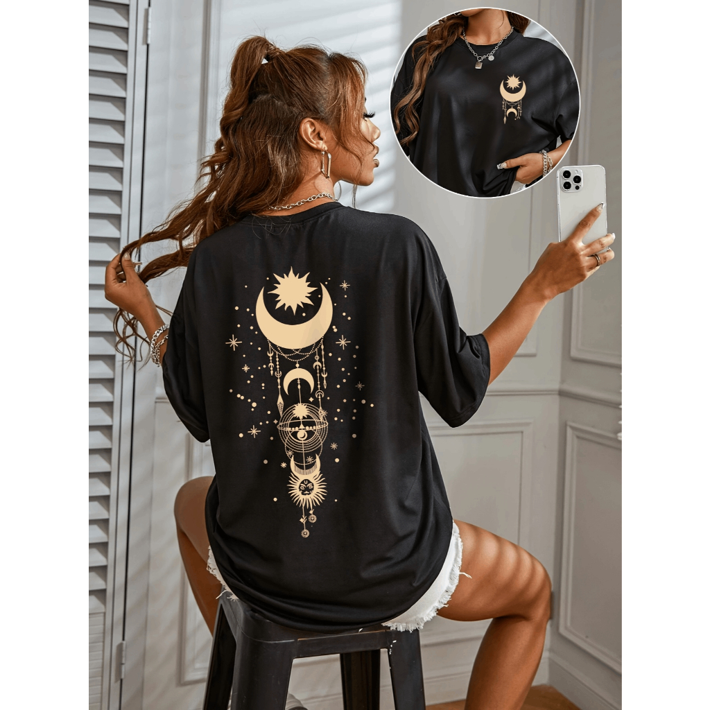 Camiseta Feminina Preta 100% Algodão Estampa Cósmica - Básica Confortável com Visual Místico