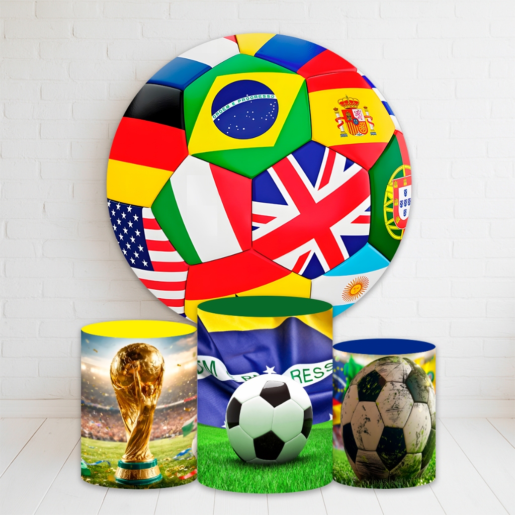 Copa: Kit Painel Redondo + Trio Capas Cilindro Sublimado 150x150 Completo Brasil Copa Do Mundo 2026