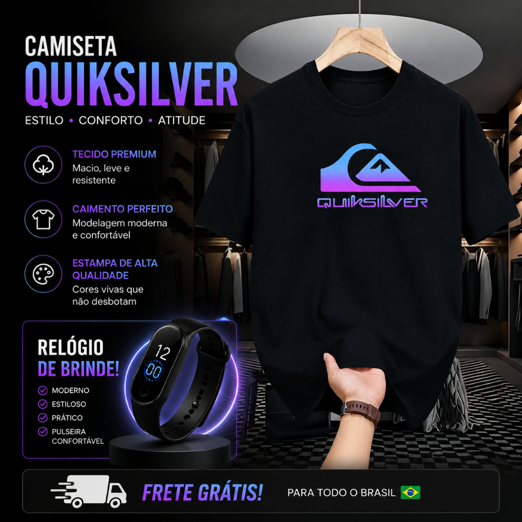 Camiseta Masculina Quiksilver 100% Algodão Casual Confortável Estilo Surf Wear + Relógio de Brinde + Frete Grátis