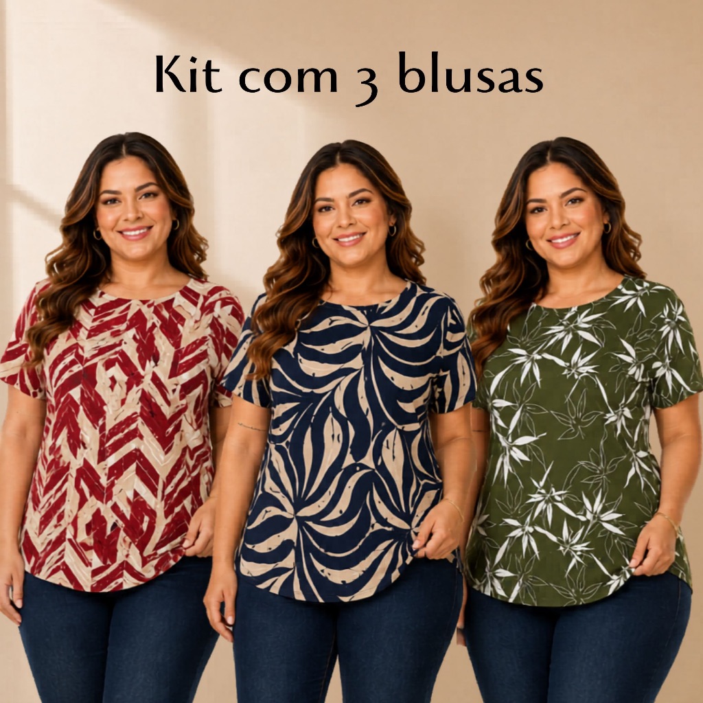 Blusa Feminina Plus Size Kit 3 Peças Estampadas Manga Curta Soltinha Confortável
