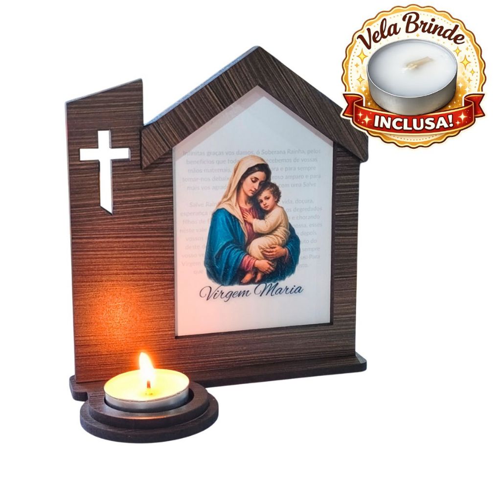 Suporte Porta Vela Oratório Religioso Virgem Maria e Menino Jesus Presente Católico Decoração