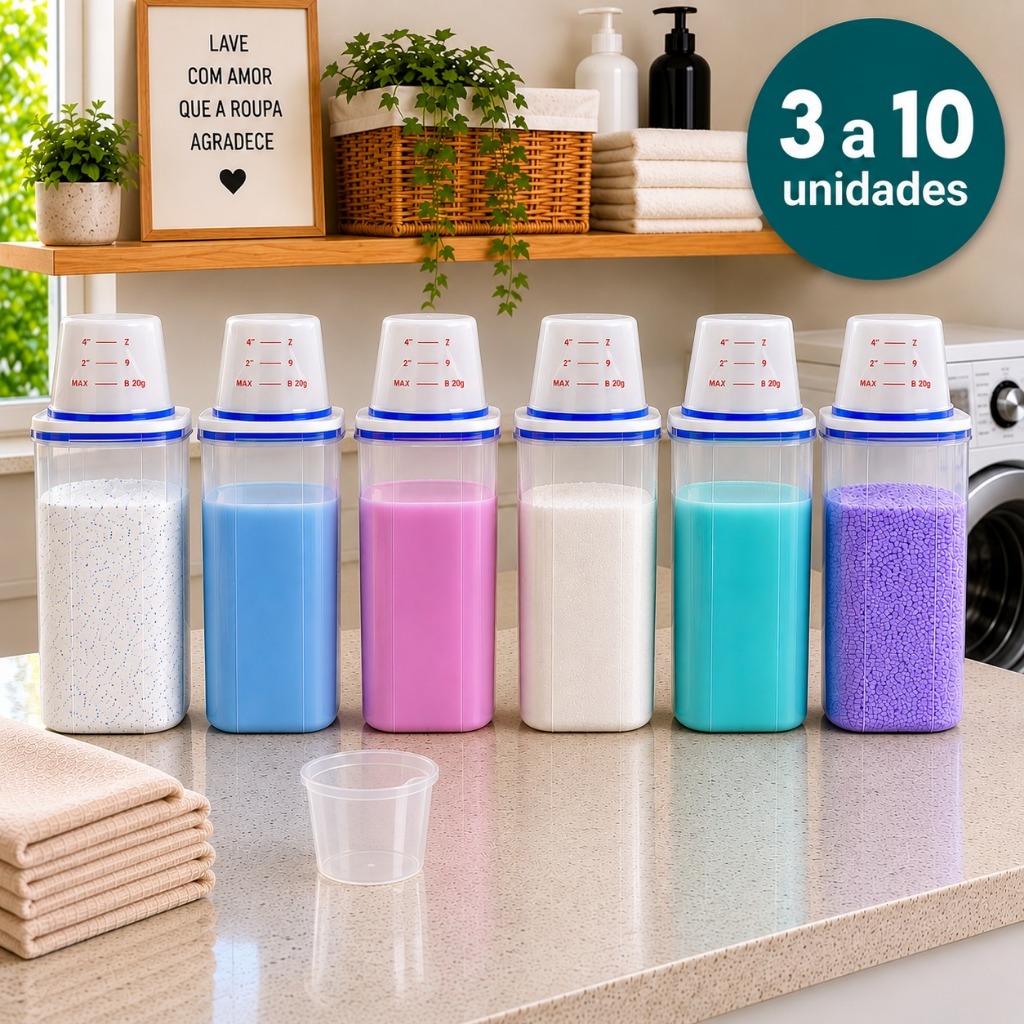 Kit 3 a 10 Potes Herméticos 2L Para Lavanderia Com Vedação Sabão em Pó Amaciante Produtos de Limpeza Organização Total