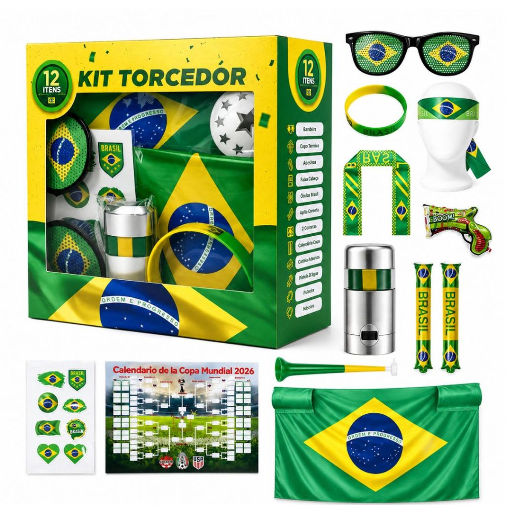 Kit Torcedor Copa Brasil Combo 2026 12 Itens Bandeira Óculos Pulseira Vuvuzela Pintura Adesivo