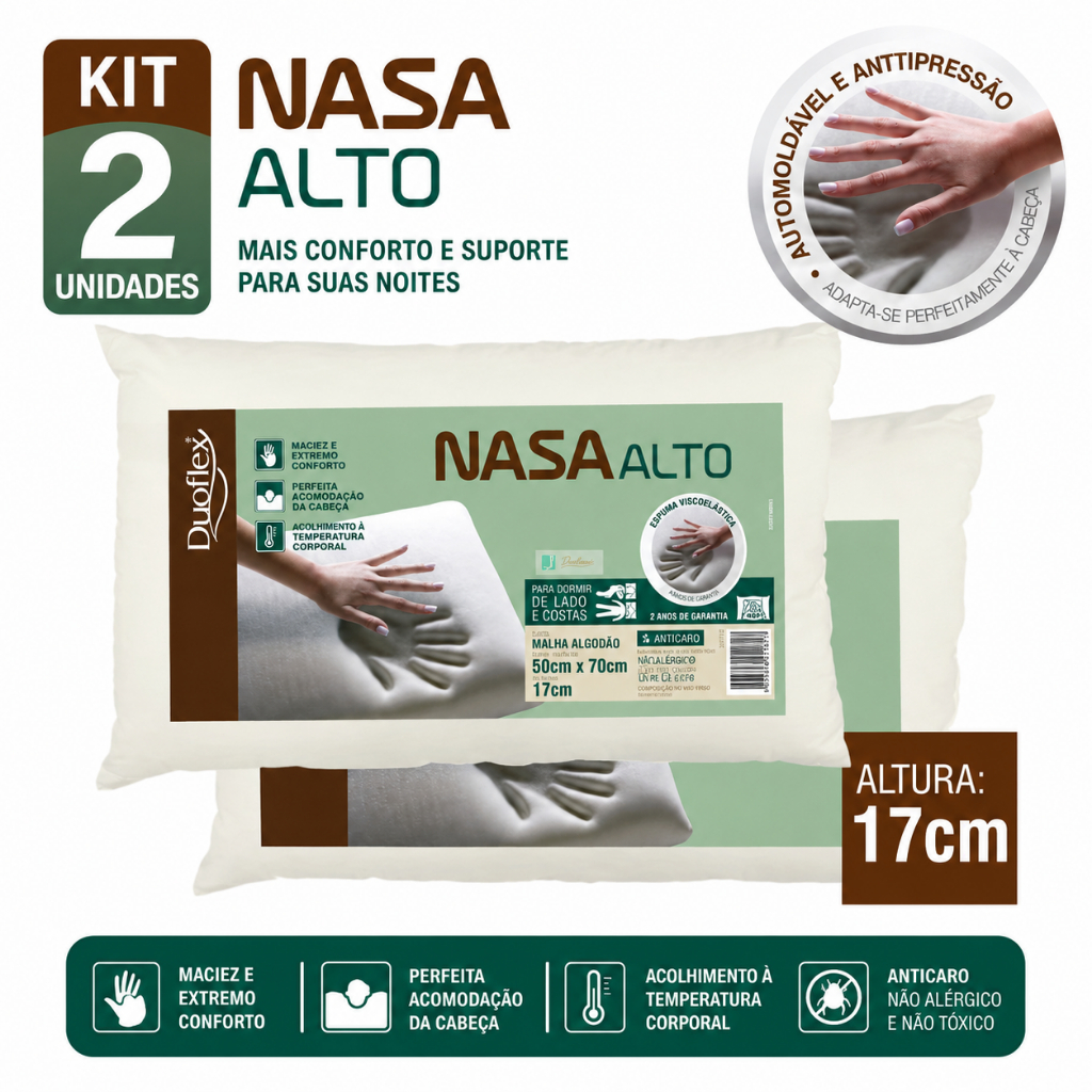 Kit 2 Travesseiros Nasa Alto Duoflex Alta Qualidade Capa Com Zíper Malha 100% Algodão Antiácaros