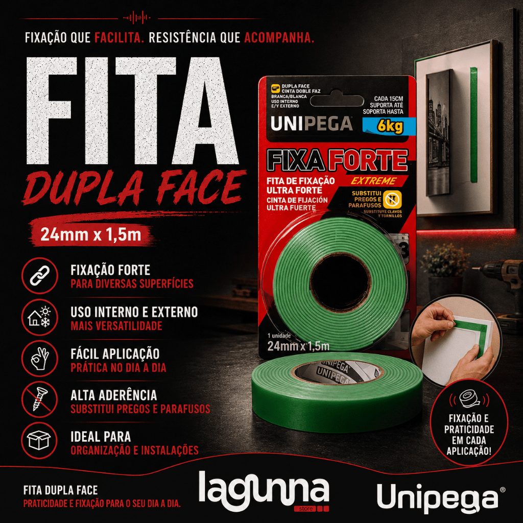 Fita Dupla Face 24mm x 1,5m Unipega Fixação Forte Montagem