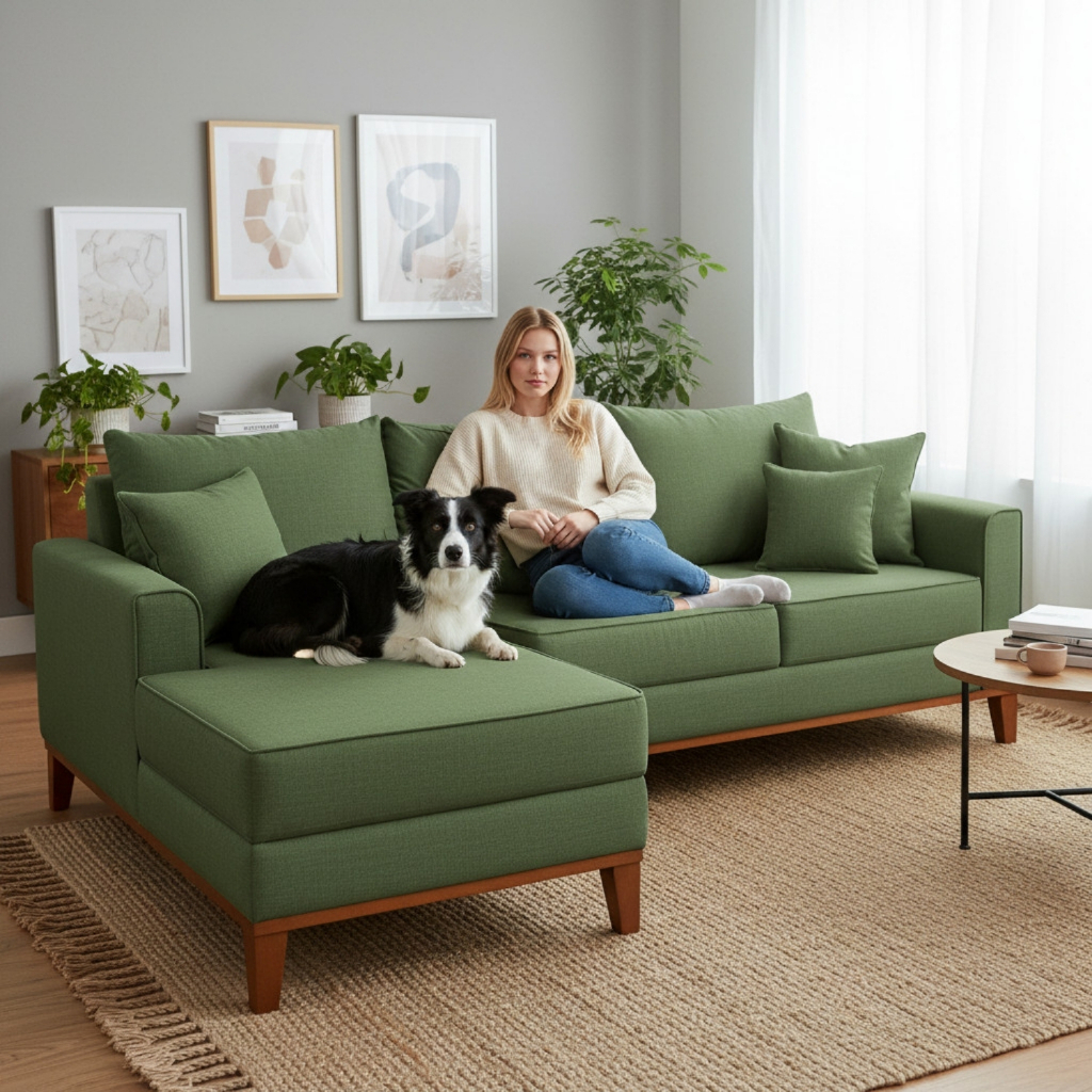 Sofá 3 Lugares Beny com Chaise Esquerdo Linho Verde Oliva