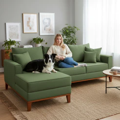 Sofá 3 Lugares Beny com Chaise Esquerdo Linho Verde Oliva