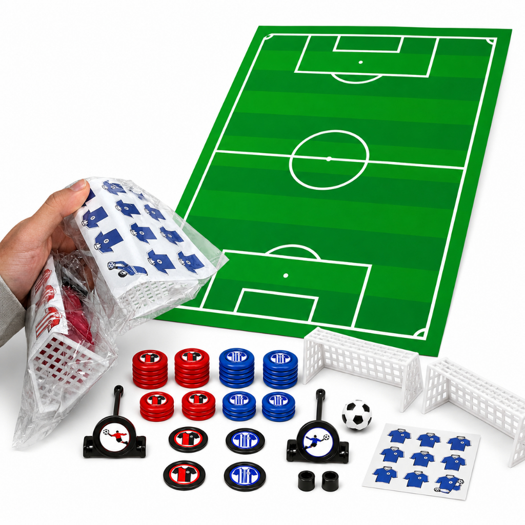 Futebol De Botão Adesivo + 2 Kit Times Coloridos Peteleco Brinquedo Jogo Infantil para Mesa Madeira