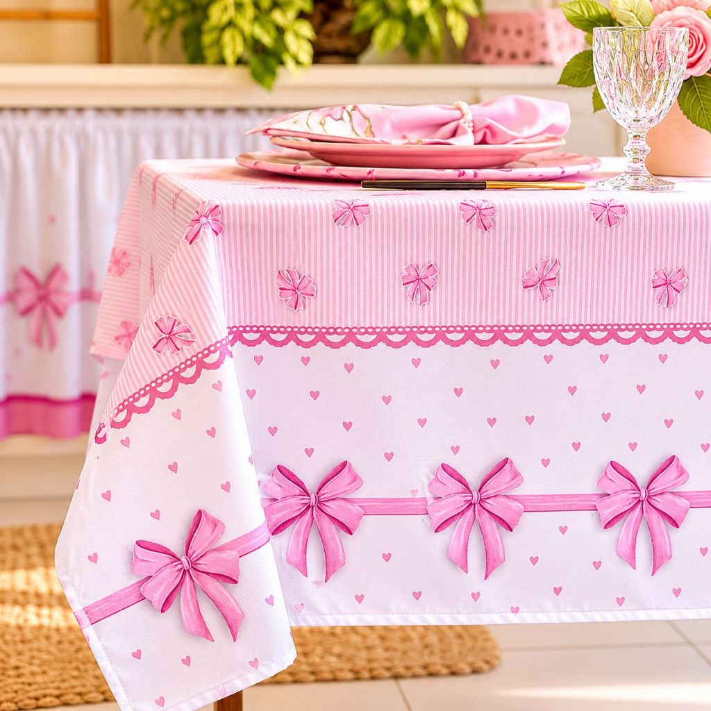 Toalha de Mesa Para 4 Lugares 1,45m x 1,35m - Estampa Digital Laços Rosa