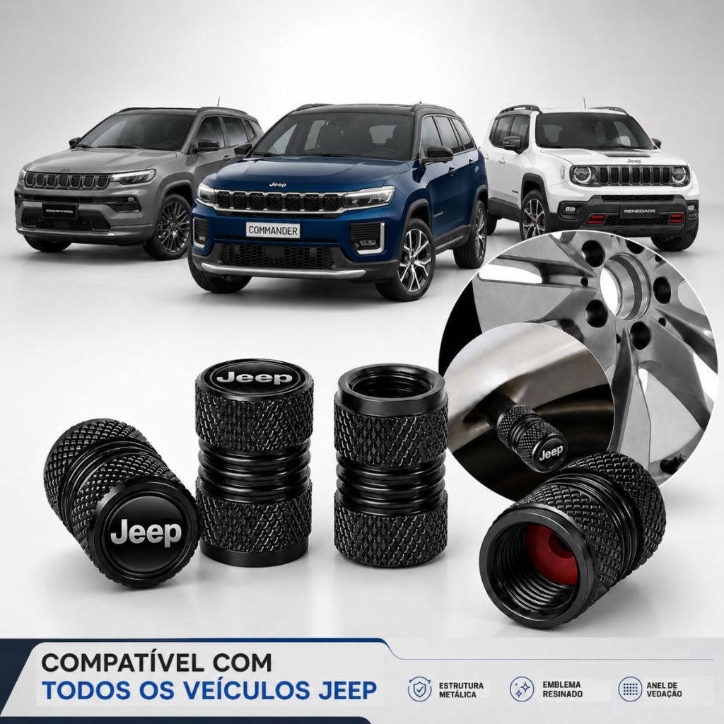Kit 4 Tampas Bico de Pneu Metalica Personalizada Jeep Compass Jeep Renegade Jeep Comander