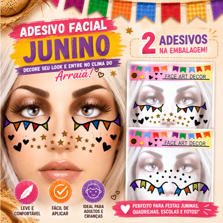 Adesivo Facial Festa Junina Bandeirinhas Coloridas Kit 2 Unidades Decoração Caipira