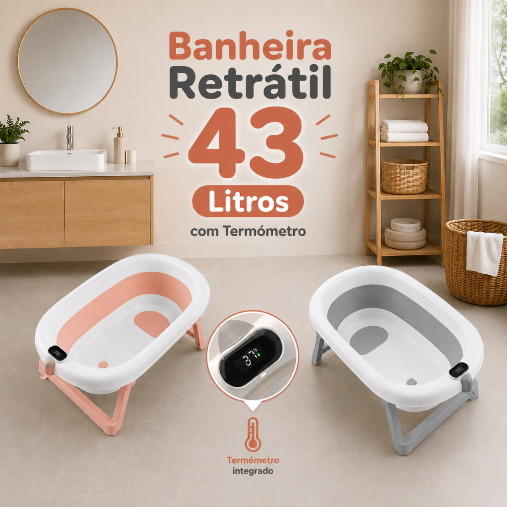 Banheira Retrátil Prakt 43L para Banho Bebê Antiderrapante com Termômetro nas cores Cinza e Branco ou Rosa e Branco