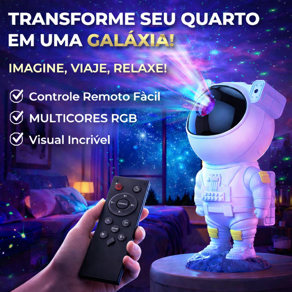 Projetor Astronauta Galaxy LED 🌌 Luz Noturna 360° + Controle | Transforme Seu Quarto em Galáxia