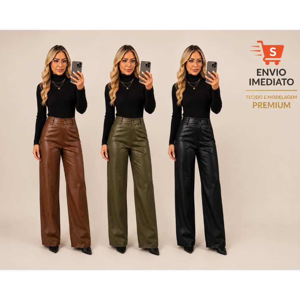 Calça couro ecológico  couro fake pantalona wide leg Courino cintura alta com botão e ziper