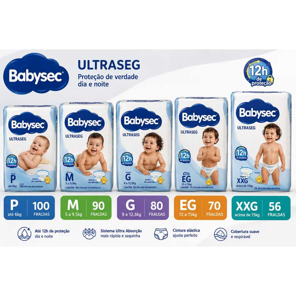 FRALDA  BABY SEC   PACOTÃO  P 100  - M 90  - G 80 - EG  70 -  XXG  56  Unidades  Pacotão  1º Linha