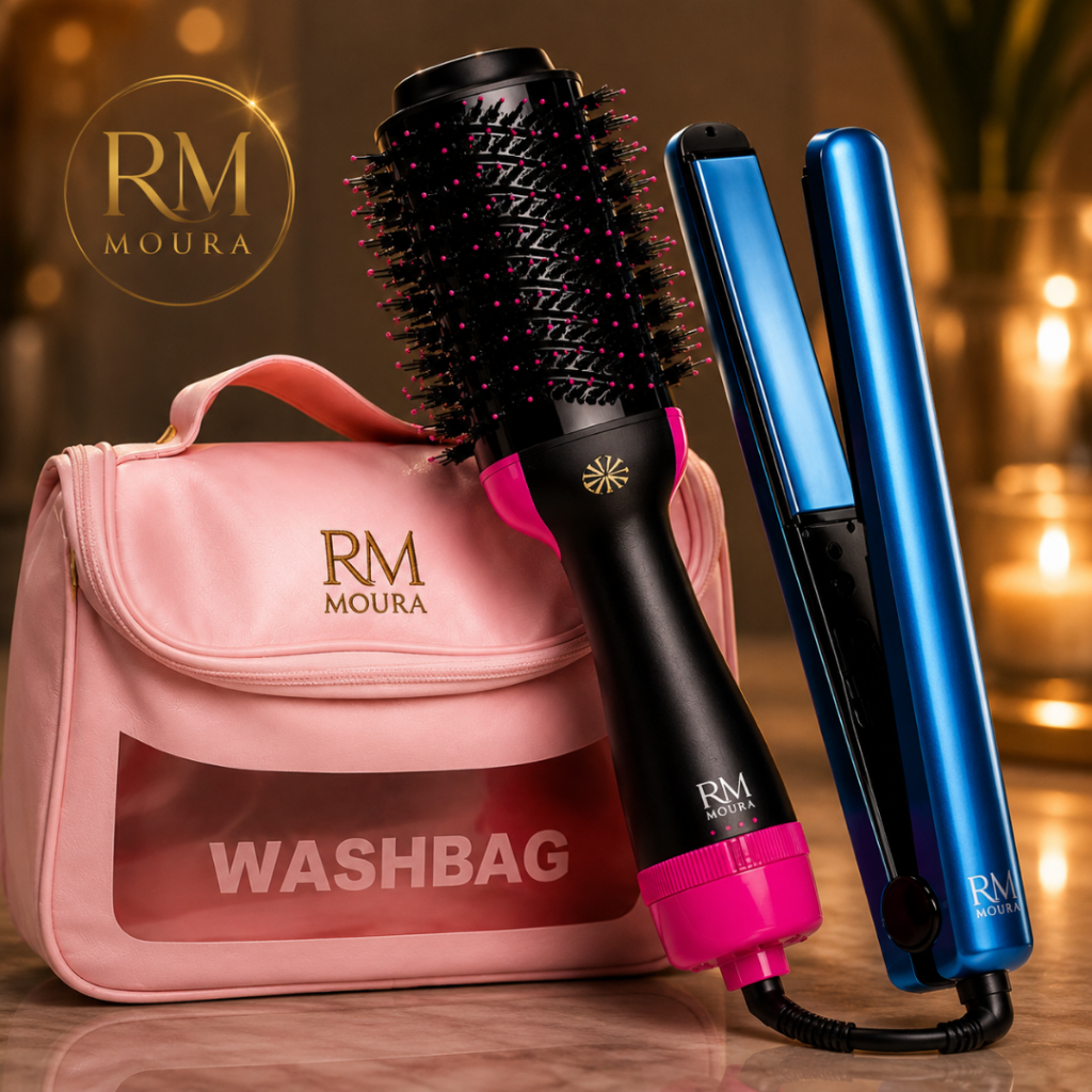 Kit Completo Escova Secadora 3 em 1 + Chapinha Alisadora Profissional + Necessaire de Brinde