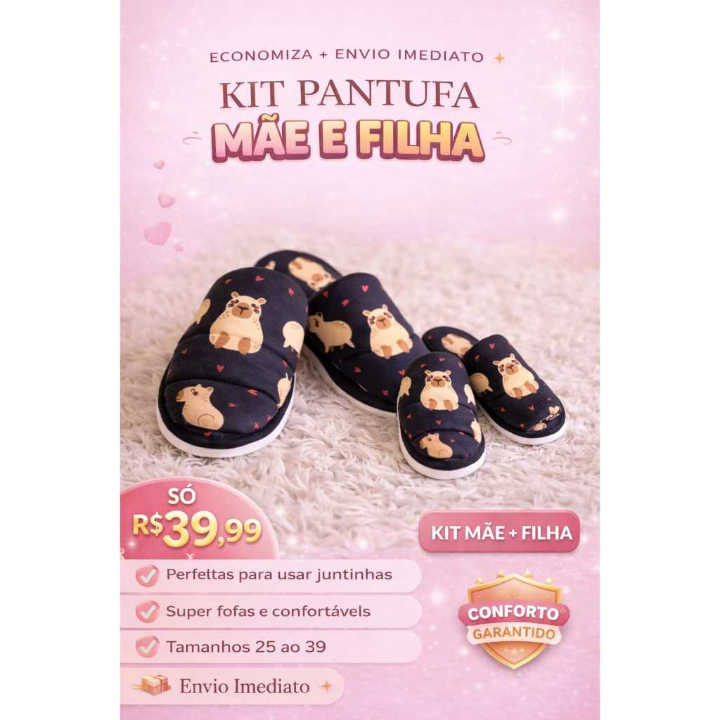 kit 1 pantufa feminina +1 pantufa inafntil mãe e filha Irmãs capivara  chinelinho de quarto estampa fofa quantinha