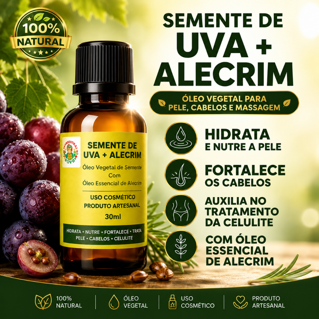 Óleo de Semente de Uva com Alecrim 30ml | 100% Natural | Pele, Cabelos e Massagem