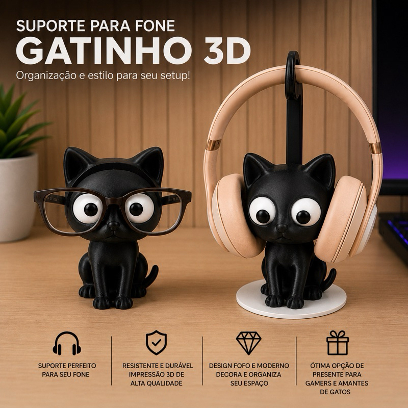 Suporte Fone Gatinho 3D | Porta Headset Oculos Gamer Decoração Setup Mesa Cat