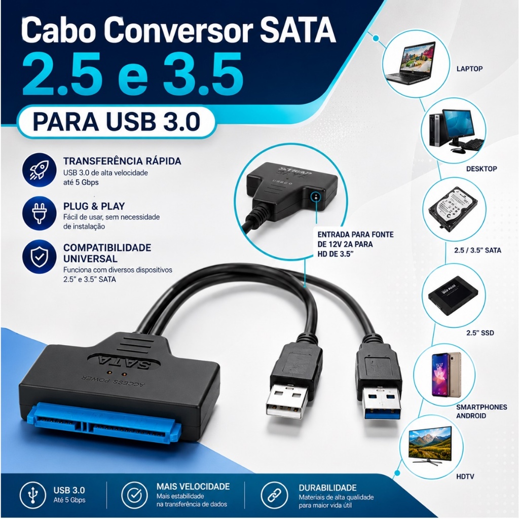 Cabo Sata Usb Conversor Dual 2.0/ 3.0 Leitor Hd Desktop SSD 2,5 3,5 CD-ROM + Entrada Fonte