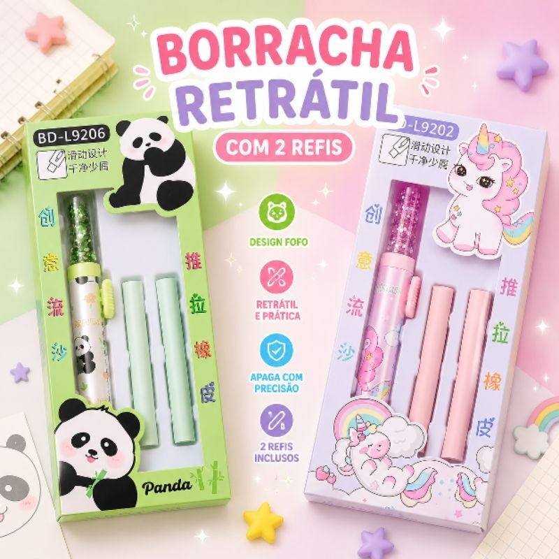 Borracha Retrátil Kawaii Panda Unicórnio Com 2 Refis Escolar Infantil Apaga Fácil Sem Farelo