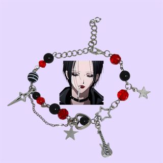Pulseira da Nana Osaki - Pulseira com miçangas pretas com pingente de guitarra prata e estrela