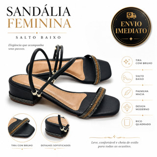 Sandalia Rasteirinha Feminina Salto Baixo Quadrado Com Brilho Strass Premium Envio Imediato