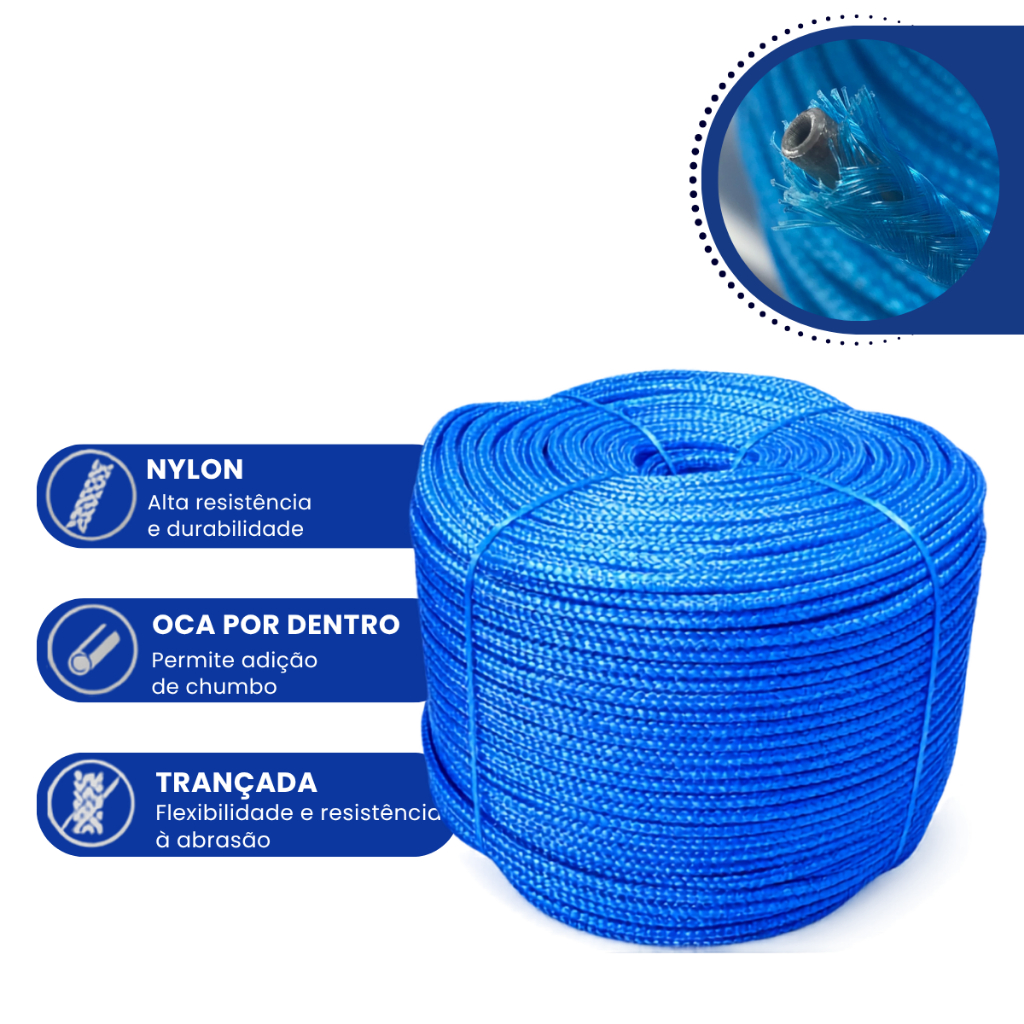 Corda Azul Nylon Multifilamento 5mm Pesca Rede Tarrafa Oca Por Dentro Artesanato