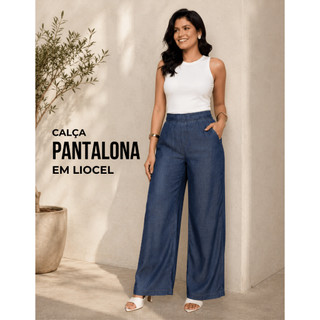 Calça Jeans Liocel Feminina Pantalona Cos Alto Molinha Larga Cintura Alta Tencel Plus Size