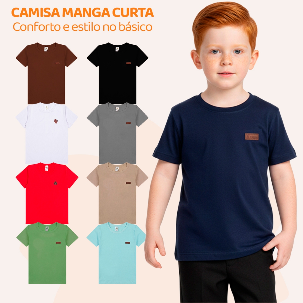 Kit com 6 Camisetas Básicas Infantil para Meninos Versátil Confortável e Coloridas Criança Casual De Verão 100% Algodão