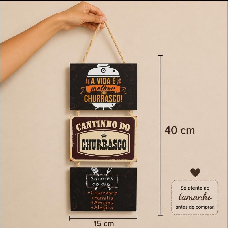 Kit 3 Placas Decorativas Churrasco MDF 10x15cm Com Corda Sisal Área Gourmet