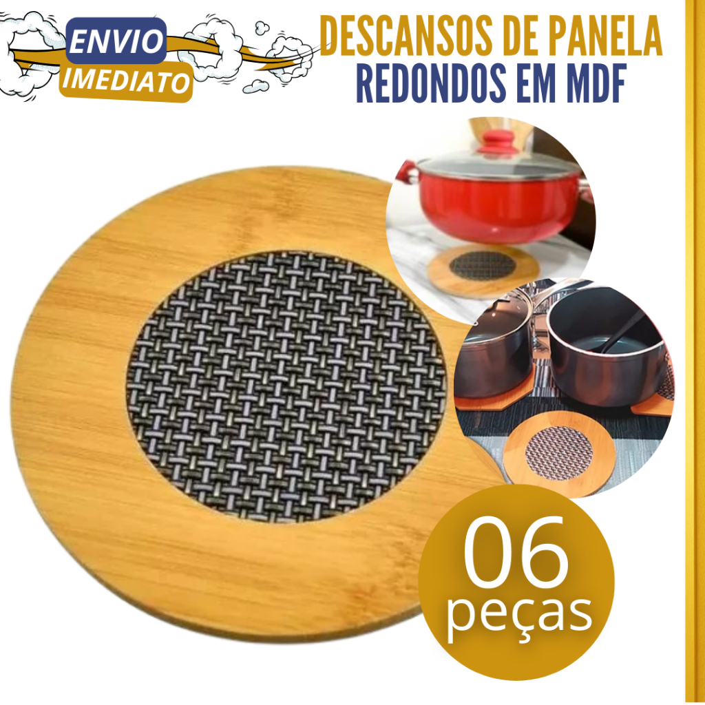 Jogo de 6 Descansos de Panela 16cm Redondos em MDF com Tela de Aço INOX Ideais para Uso Diário