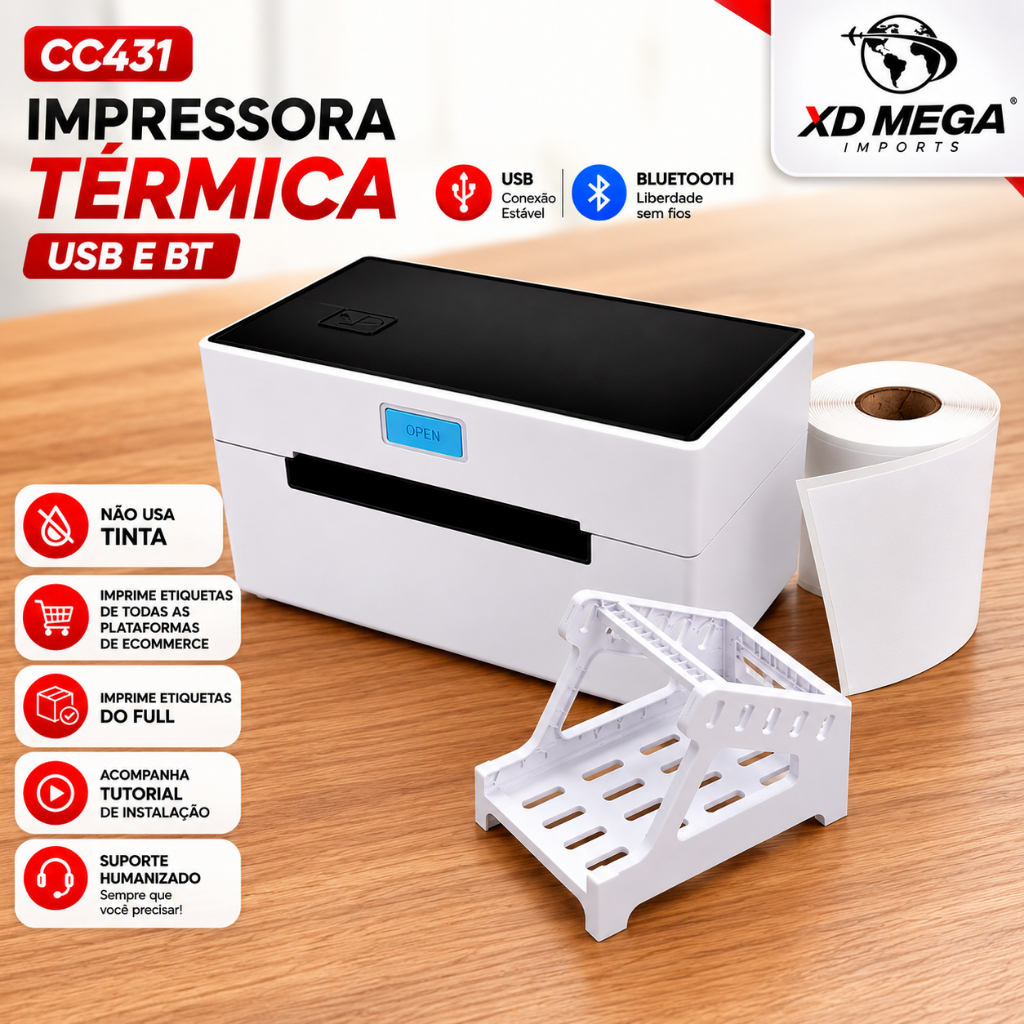 IMPRESSORA CC431 USB E BLUETOOTH + 1 ROLO DE 100X150 ETIQUETA DE ENVIO