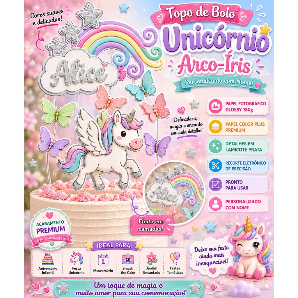 ENVIO IMEDIATO! Topo de Bolo Unicórnio Personalizado, arco iris, mesversário, aniversário, jardim encantado, smash