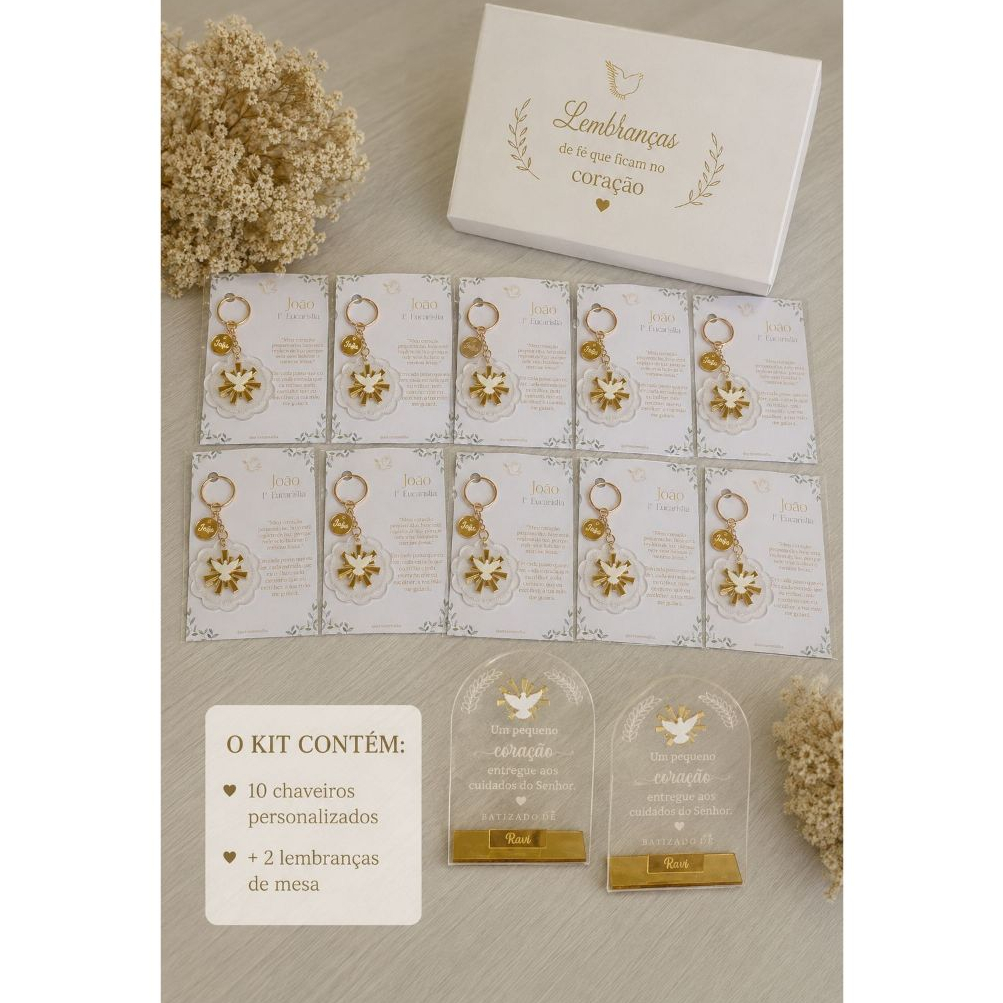 Kit Lembrancinhas Personalizadas para Batizado, Primeira Eucaristia ou Crisma /10 CHAVEIROS + 2 LEMBRANÇAS DE MESA.