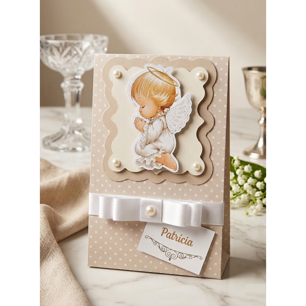 Convite Padrinhos de Batismo Neutro Anjinho com Mini Terço Convite Dinda e Dindo Personalizado Lembrancinha Batizado