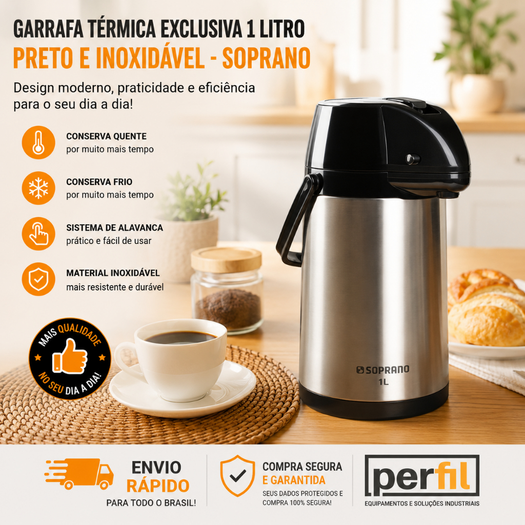 Garrafa Térmica Inox 1L Soprano GARRAFA DE CAFÉ GARRAFA DE CHÁ GARRAFA TÉRMICA PARA CAFÉ DE INOX 1L