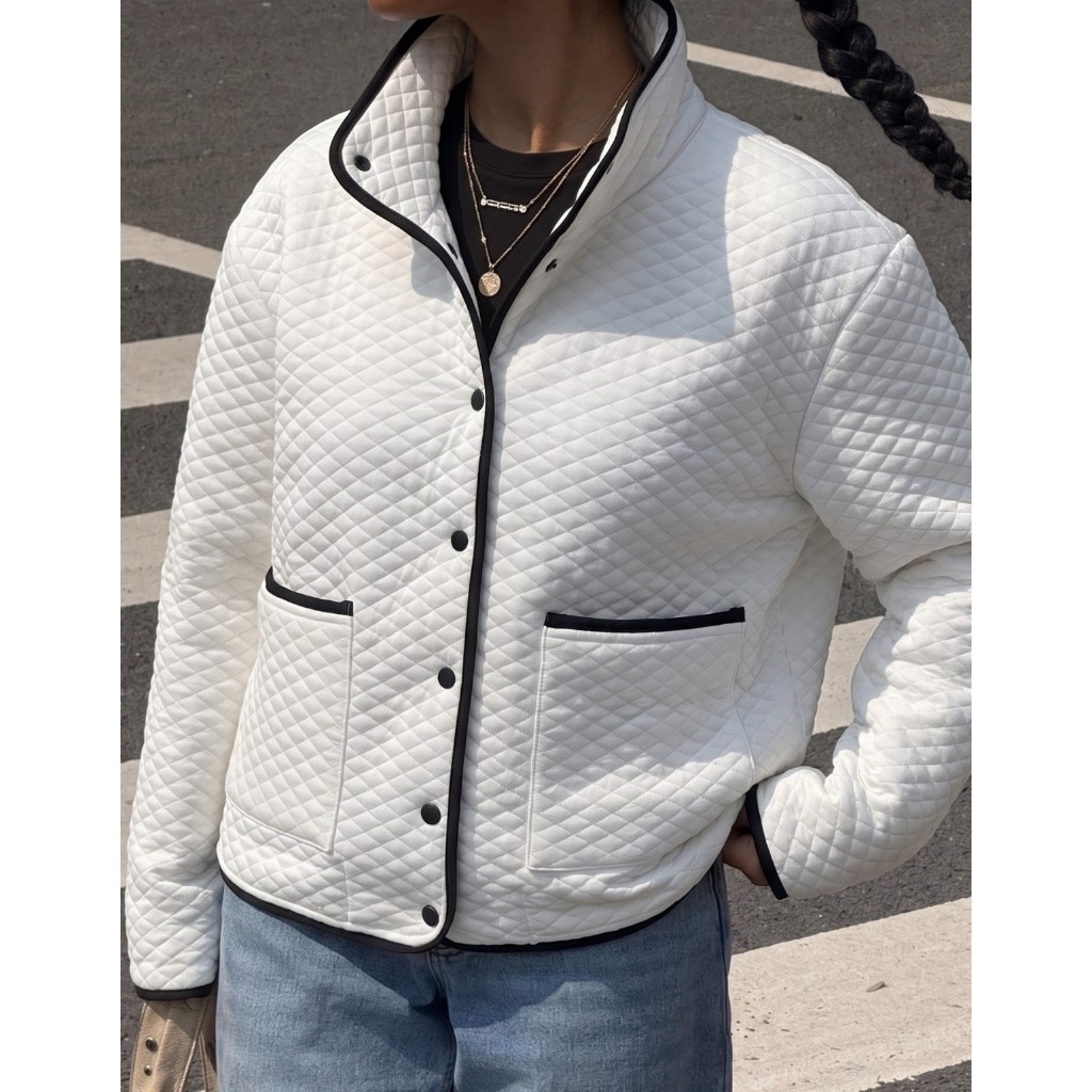 Jaqueta Feminina Matelassê Gola Alta Casaco Botões Bolsos Frontais Elegante Inverno
