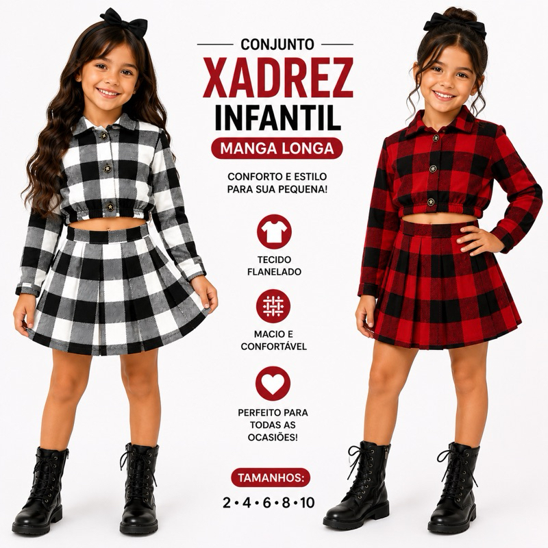 Conjunto Infantil Xadrez Manga Longa Flanelado Cropped e Saia 2 ao 10