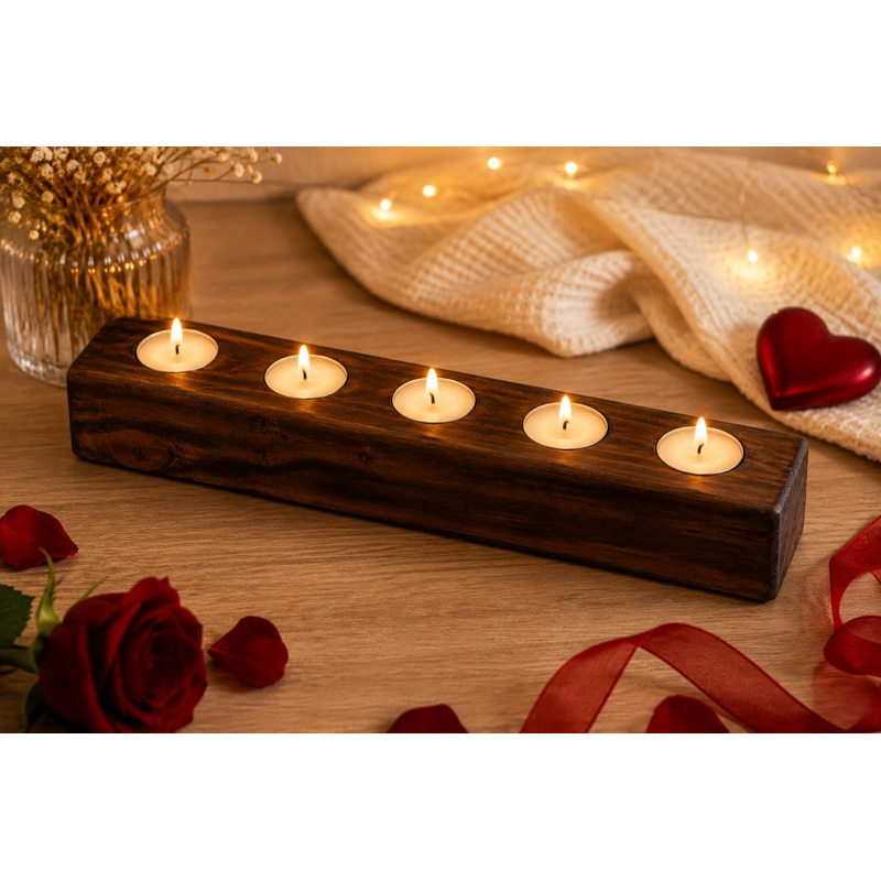 Centro de Mesa Porta Velas de Madeira com 5 Velas Rechaud Decoração Romântica Jantar à Luz de Velas Dia dos Namorados