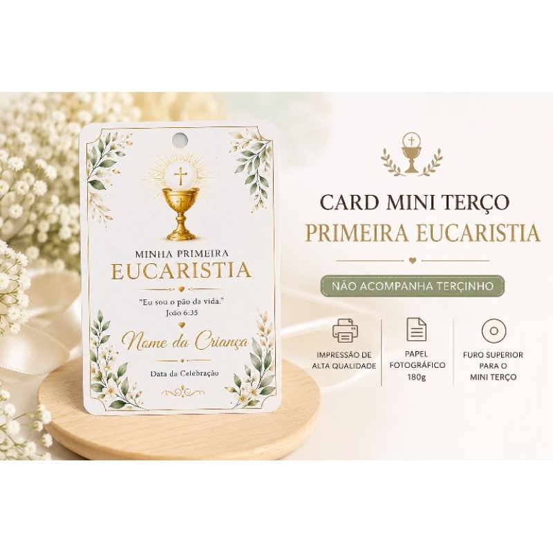 Card Mini Terço Primeira Eucaristia Personalizado | Lembrancinha Religiosa