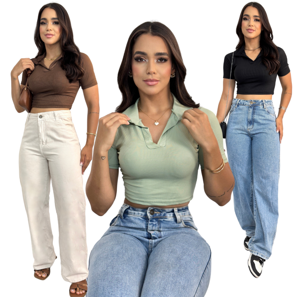 Blusa Cropped Gola Polo Ribana Canelada Premium