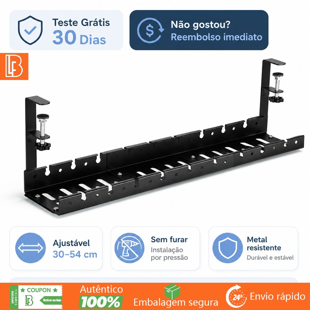 Organizador de Cabos Ajustável 30 a 54cm Sem Furar Suporte Sob Mesa Para Filtro de Linha